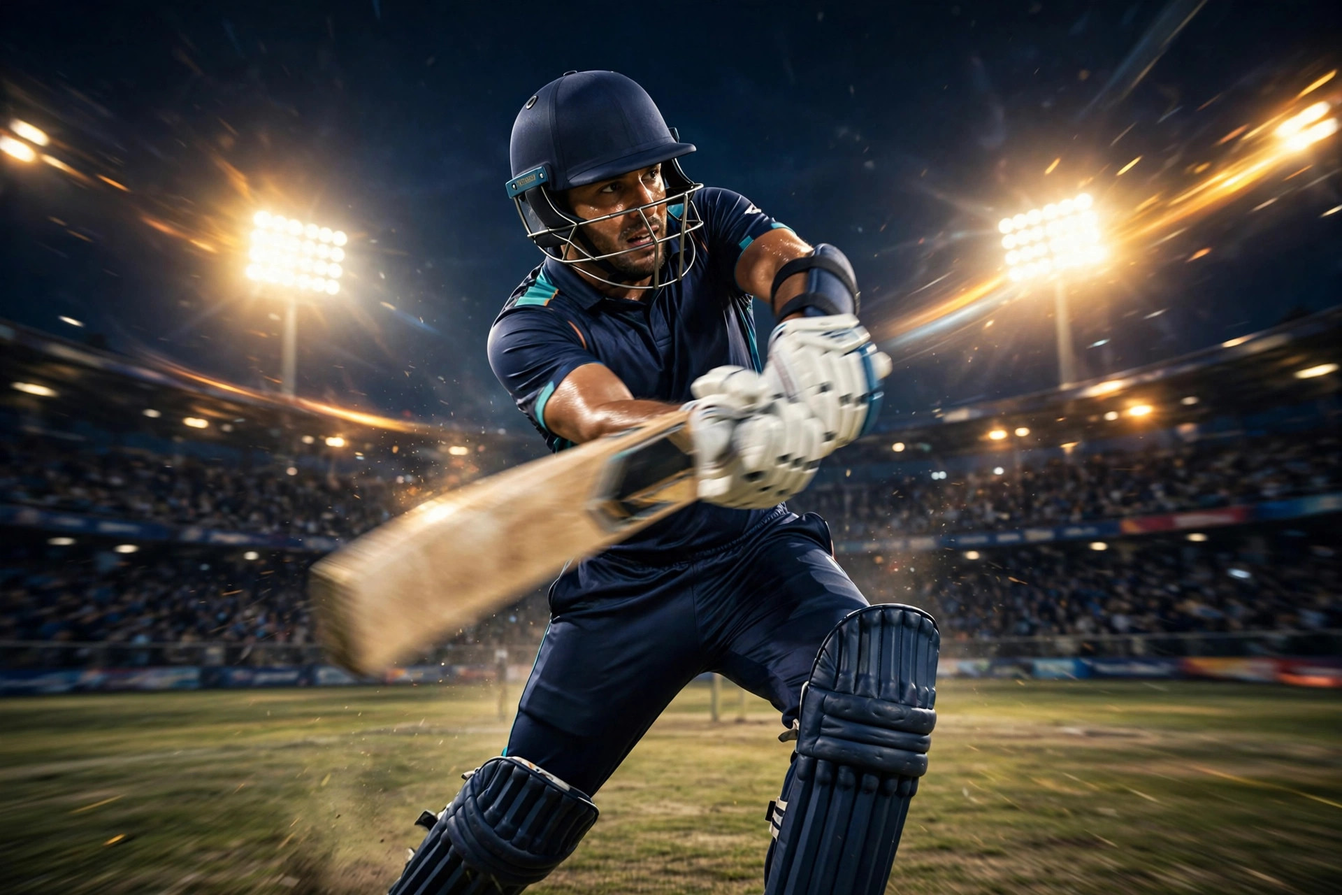 Batsman playing a shot under floodlights during a night cricket match