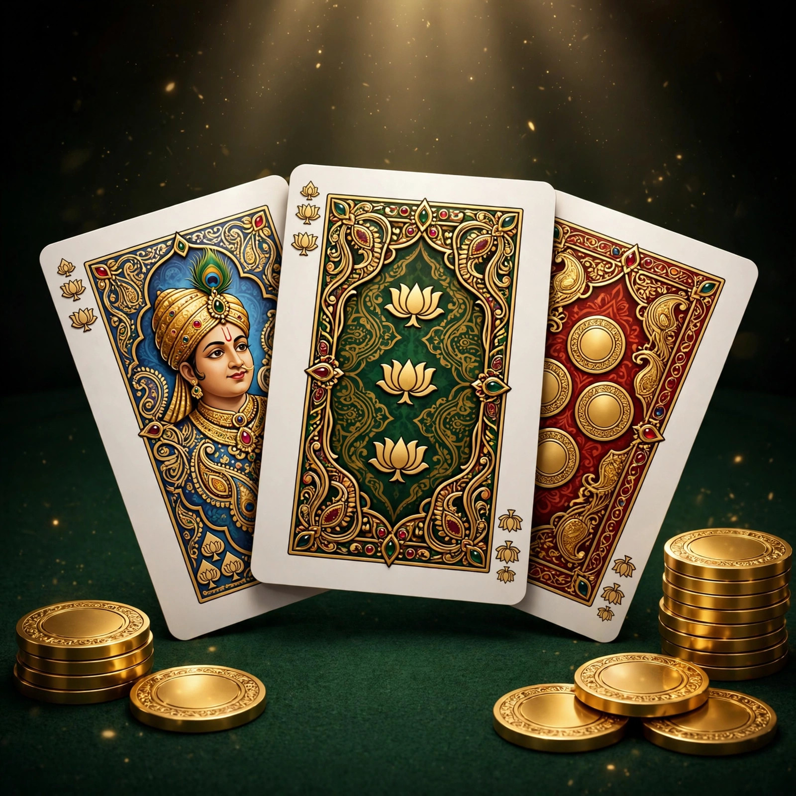 Teen Patti live casino game — fanned playing cards with golden chips