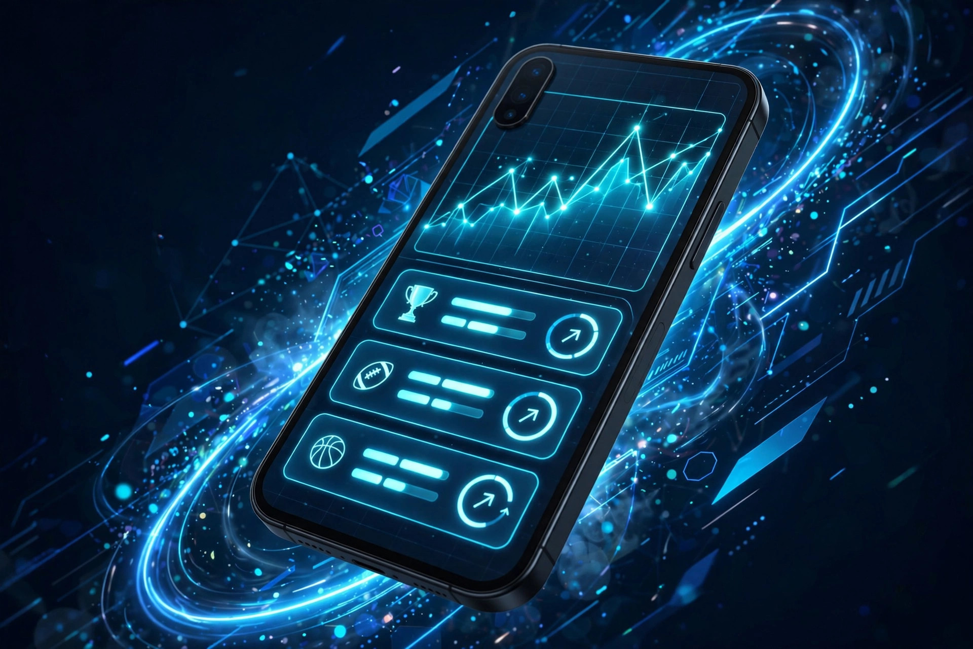 Radhe Exch mobile app on a smartphone with glowing cyan interface
