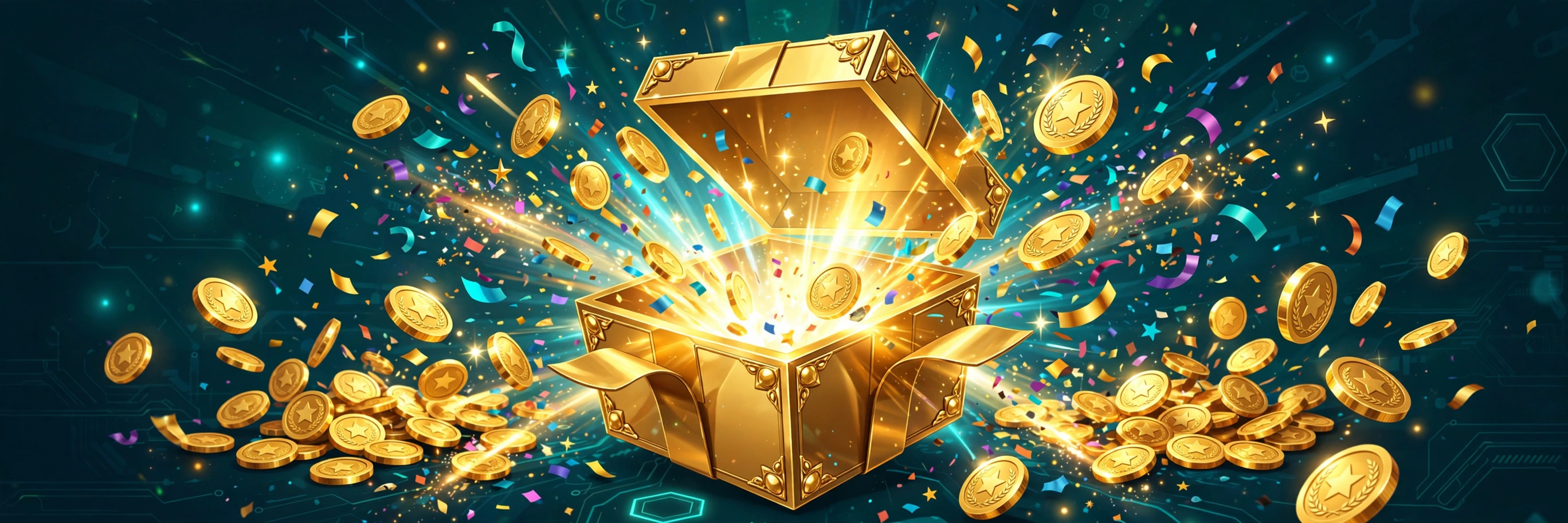 Deposit bonus promo — golden coins and gift box on dark teal background